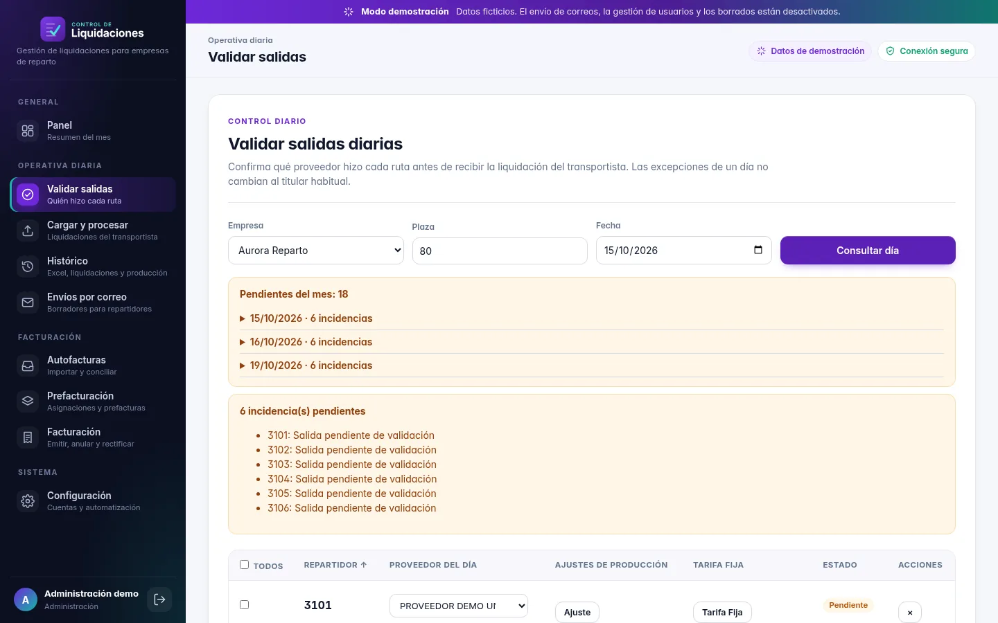 Pantalla de validación diaria de salidas con incidencias pendientes
