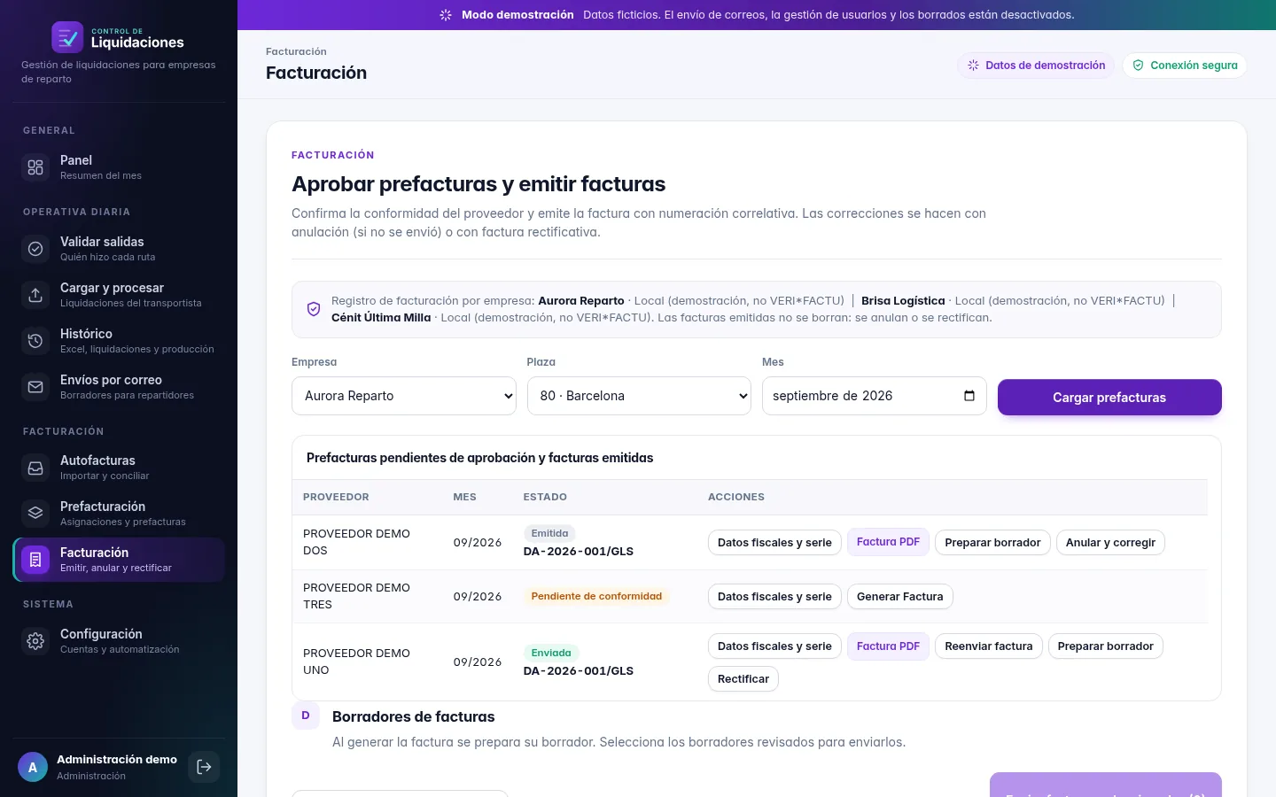 Pantalla de facturación: aprobar prefacturas y emitir facturas