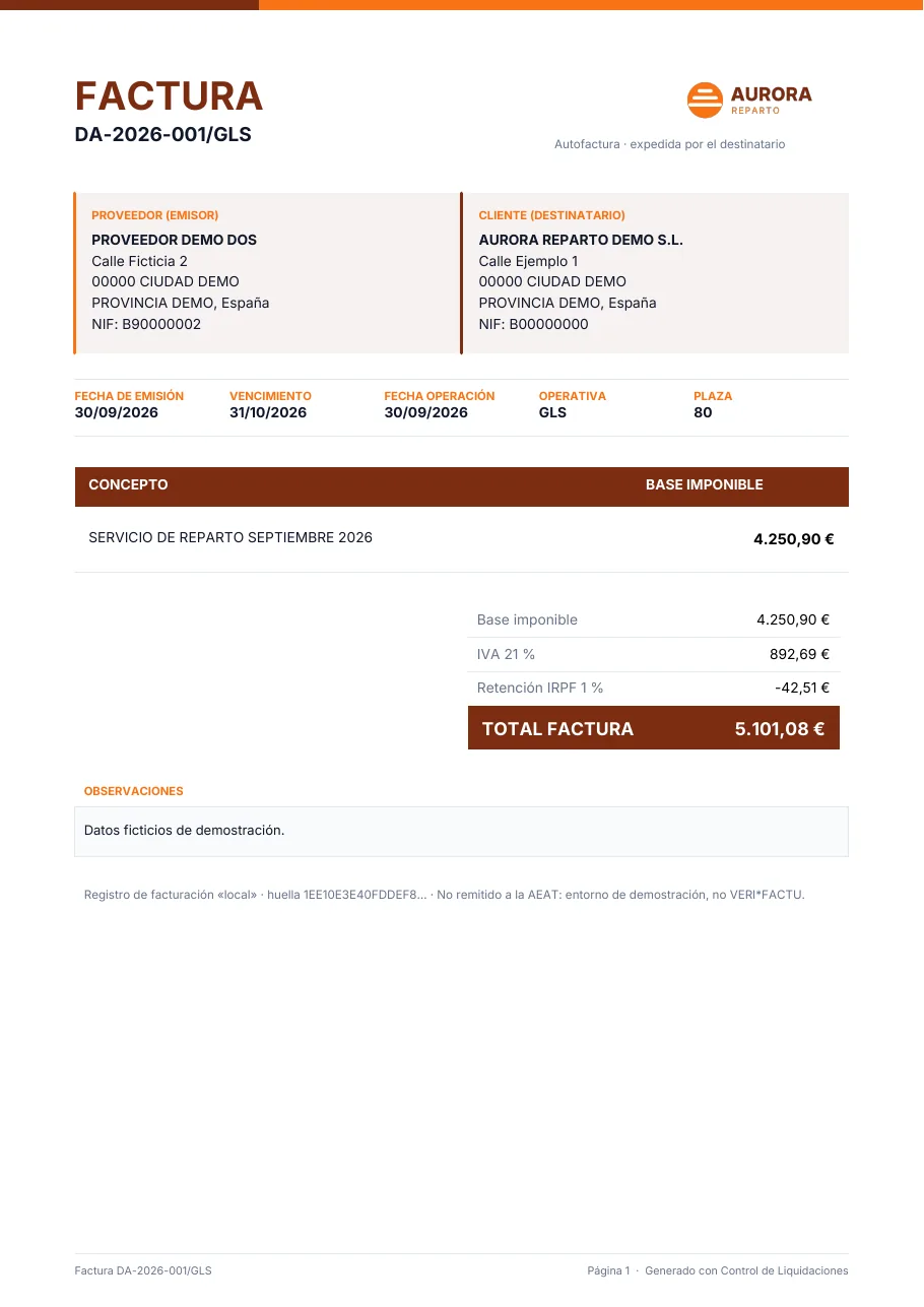 PDF de autofactura de proveedor (datos ficticios)