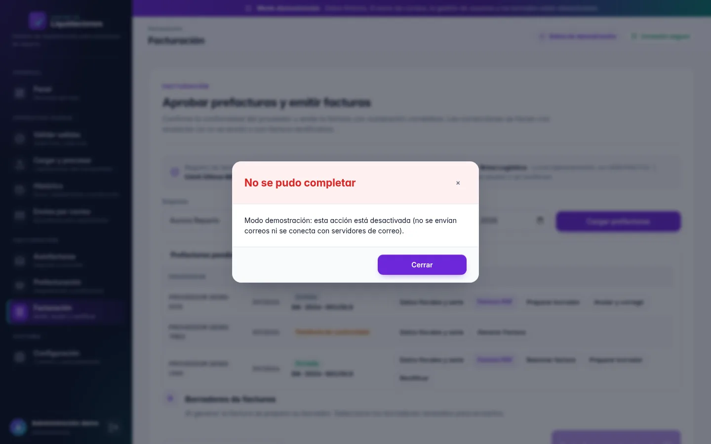 Modo demostración: aviso de acción bloqueada